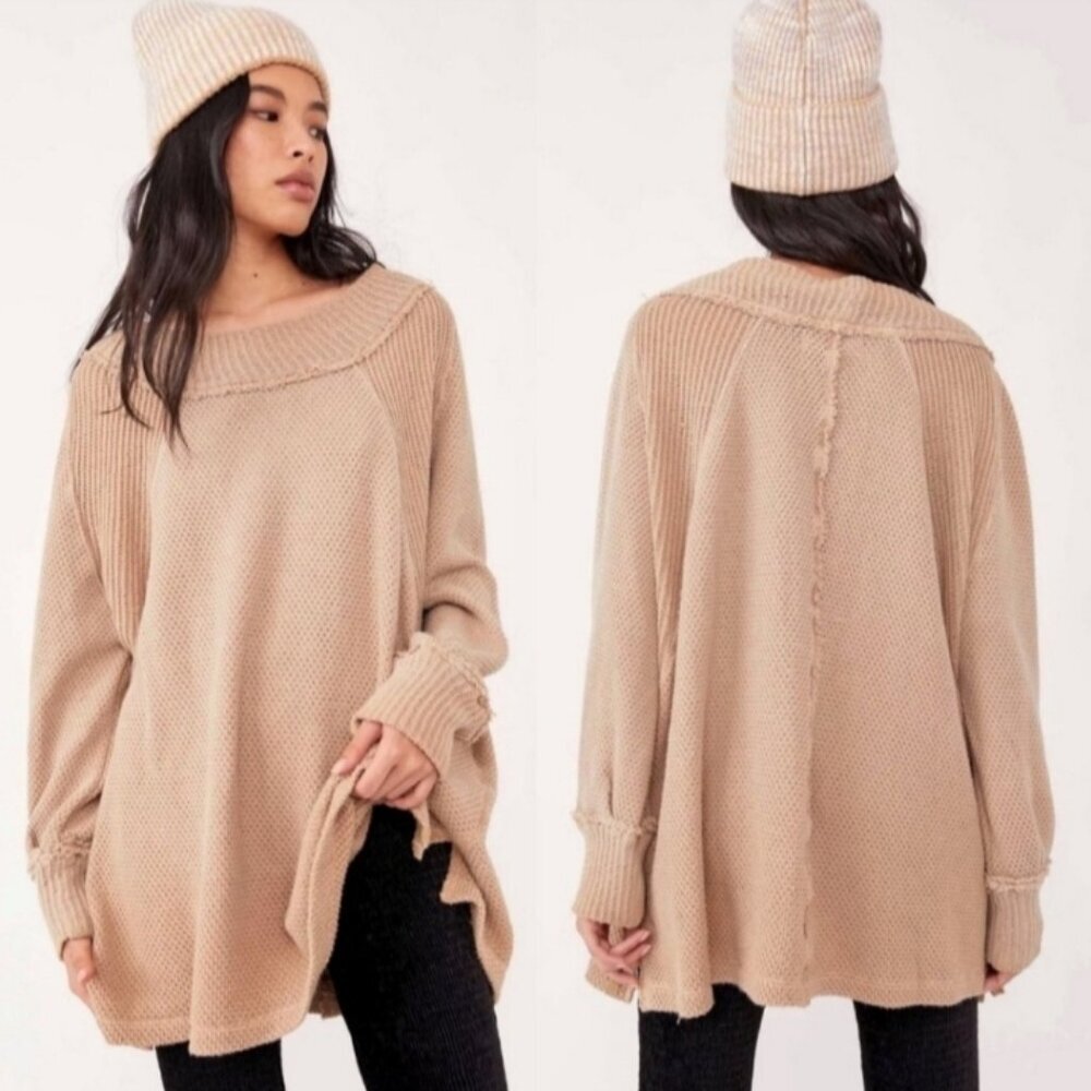 We The Free Mock Neck She's A Keeper Oversized Tan Tunic Top Size Med